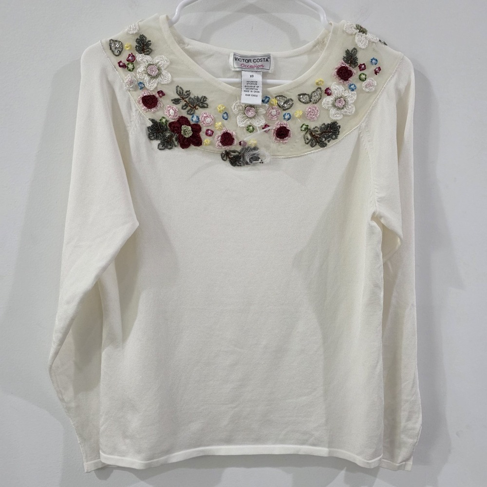 Victor Costa Womens Beaded Floral Top Size Xs Ivory Art Feminine
